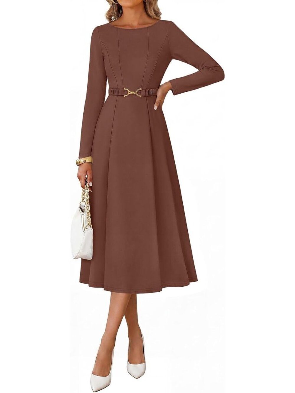 Women's Brown Fall Long Sleeve Boat Neck Semi Formal Midi Dresses With Pockets